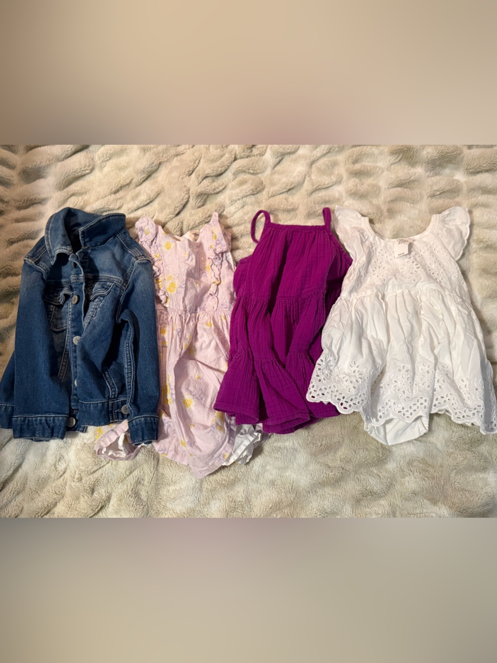 GAP Set of summer dresses and jean jacket that span 18-24mo/2t. One NWT.